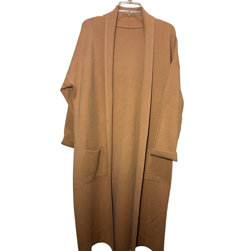 Longline Open Front Cardigan Sweater Camel Brown Pocket Knit Coatigan Women